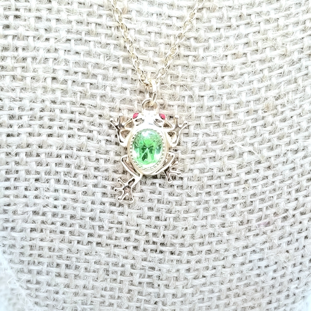 Gold Faux Peridot & Ruby Tree Frog Necklace NRO